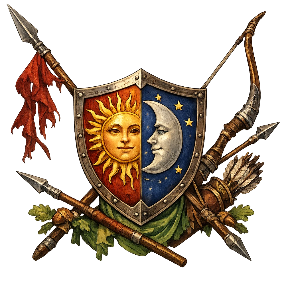 Heraldic crest — sun and moon shield with crossed weapons